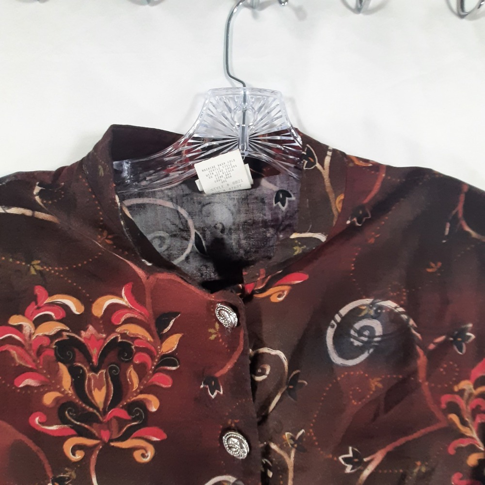 Vintage 80s 90s Blair Boutique Grandmacore Brown Damask Button Blouse Mock Neck